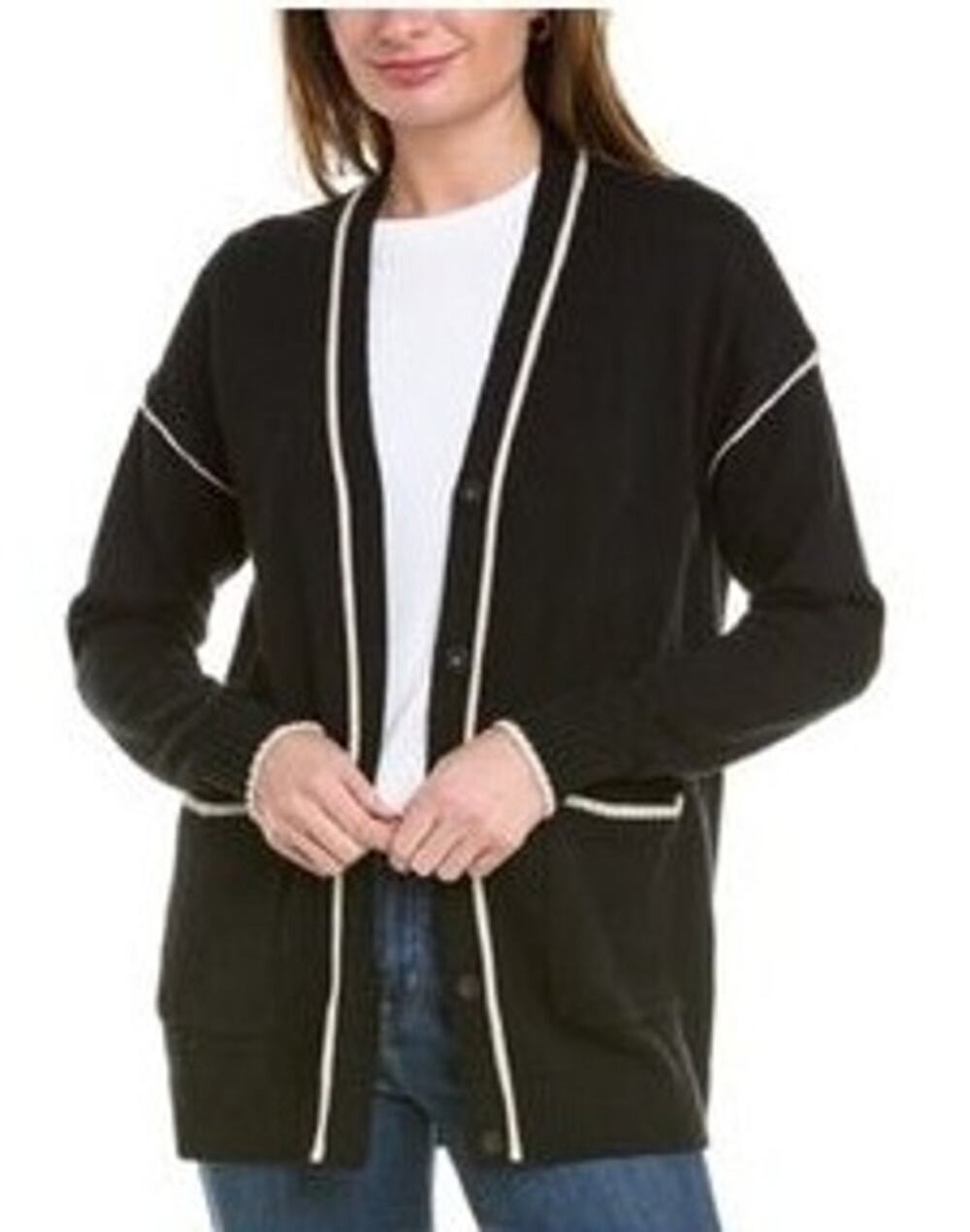 CAbi Comfort Cardigan V Neck Women's XS Black White Piping Oversized